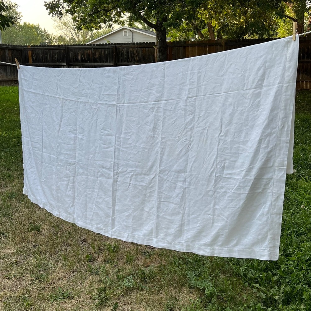 Vintage White Linen Tablecloth 60x80 MCM Hemstitched Oblong Metered Corners